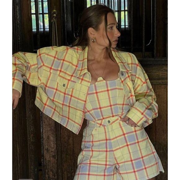 WeWoreWhat Boyfriend Denim Short in Pale Yellow Plaid Size 24 - Picture 3 of 7